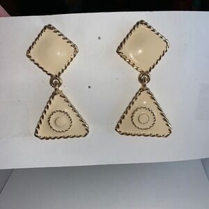 Vintage Cream Enamel Geometric Drop Earring Gold Tone Rope Edge Triangle Diamond